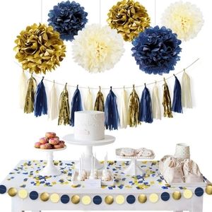 Navy Blue Gold Party Decor kit Nautical Baby Shower Pom Pom Garland Confetti